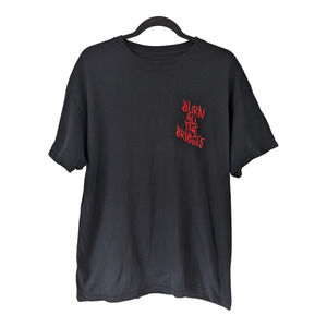 Linda Finegold Mens Size Large Burn All the Bridges Tee T-Shirt Black Red Cotton